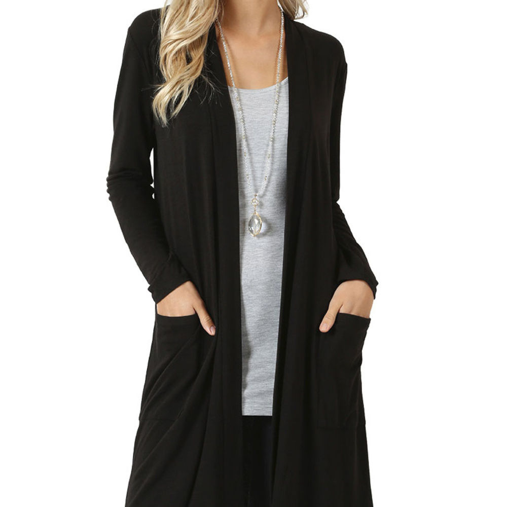Long Sleeve Draped Long Cardigan in Black